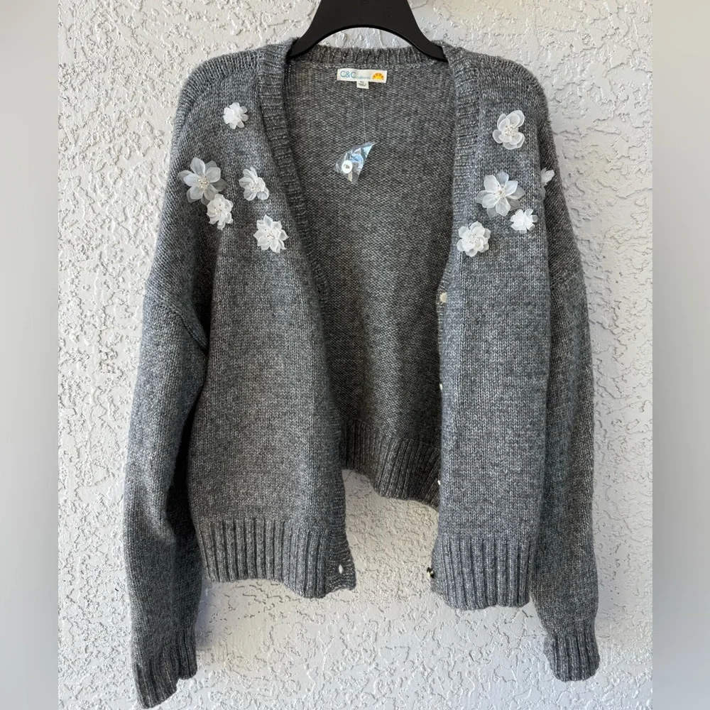 C&C California charcoal gray knit cardigan with floral appliques XL
